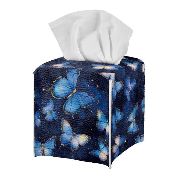 FUIALDOLG Tissue Box Cover Square, Blue Butterfly PU Leather Tissue Box Holder Waterproof ,Decorative Facial Organizer for Bathroom, Vanity Countertop, Car