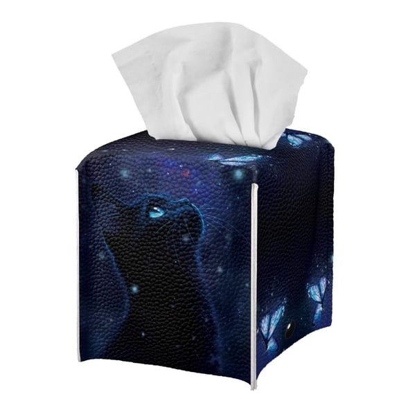 FUIALDOLG Tissue Box Cover Waterproof PU Leather Car Tissue Holder Square Tissues Boxes Organizer for Bathroom Vanity, Night Stands, Office, Home, Kitchen (Black Cat Galaxy)
