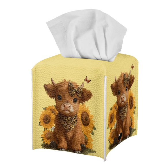 FUIALDOLG Tissue Box Holder - Square PU Leather Tissues Cube Box Cover Waterproof -Cute Highland Cow Decorative Car Facial Tissue Holder on Table and Barthroom