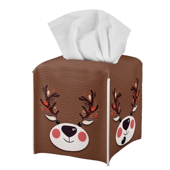 FUIALDOLG Tissue Box Holder Waterproof - Square PU Leather Tissues Cube Box Cover -Brown Reindeer Decorative Car Facial Tissue Holder on Table and Barthroom, 5.1"X5.1"X5.5"