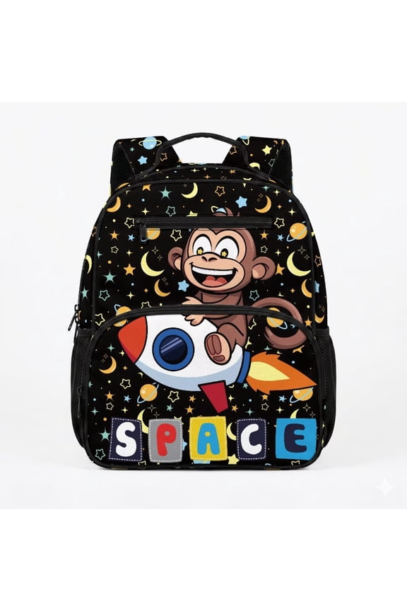 Toddler Backpack for Kindergarten Boy Girl Age 4-5, 13.5" Preschool Space Monkey School Bag, Breathable Water-Resistant Daypack with Padded Straps