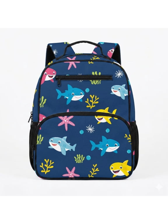 Toddler Backpack for Boys 3-5 Cartoon Shark Preschool Kindergarten Kids Bookbag, 13.5" Lightweight School Pack with Side Holders