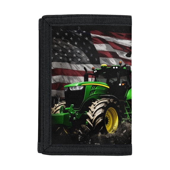 FUIALDOLG Tractor American Flag Trifold Card Wallet, Polyester Fabric Children's Wallet for Travel, Thin Slim Kids Trifold Wallet