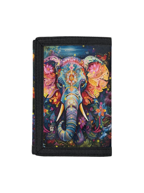 Trifold Card Wallet in Floral Elephant Pattern, Elastic Polyester Youth Wallet for Outdoor Activities and Daily Travel