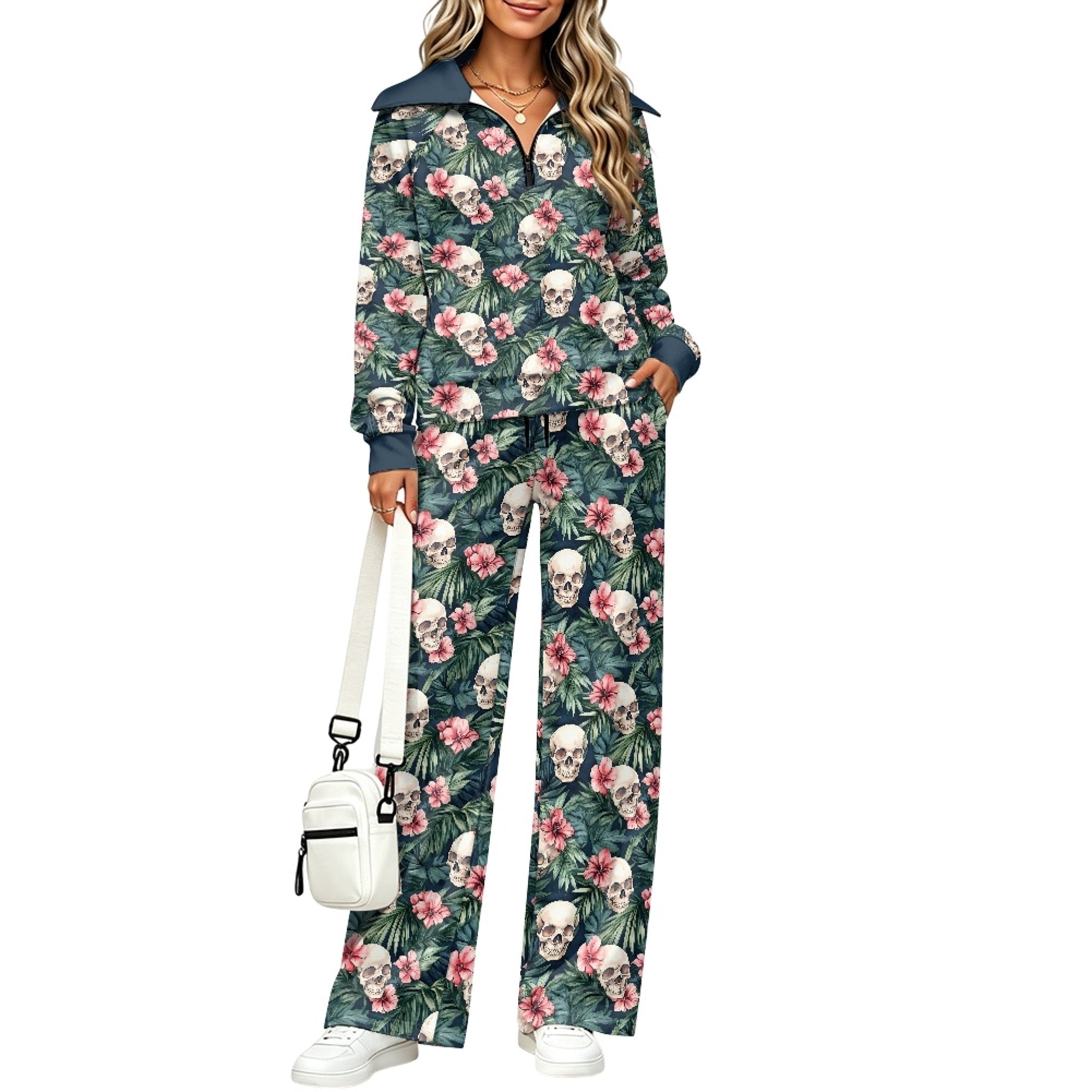FUIALDOLG Tropical Floral & Skull Pattern Lounge Sets, Stand Collar ...
