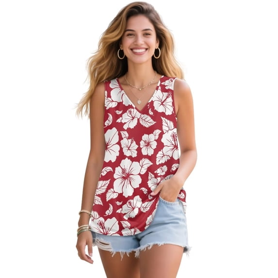 FUIALDOLG Tropical Hawaiian Style Clothes for Women Red Hibiscus Flowers Tank Tops Womens Dressy Sleeveless Shirt Lightweight V Neck T-shirt Flowy Tee for Beach Vacation,M