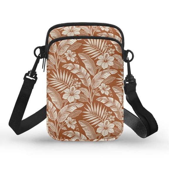 FUIALDOLG Tropical Hibiscus Leaf Print Double Deck Cell Phone Purse for Running Travel, Crossbody Strap Adjustable Strap Mini Cute Crossbody Bag
