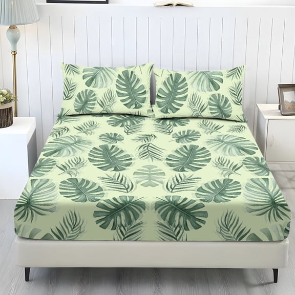 FUIALDOLG Tropical Palm Leaf 3 Pcs Bedding Sheets Set Non-Slip Elastic Soft Fitted Bottom Bedsheet Twin Size Easy & Secure Fit Fitted Bed Sheet for Year-Round Use