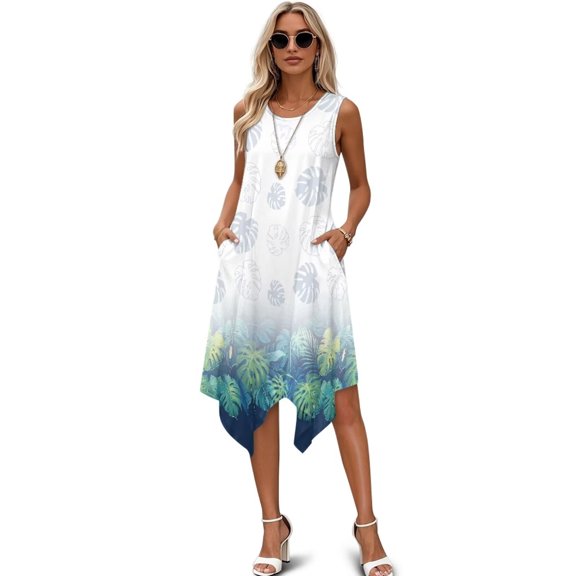 FUIALDOLG Tropical Palm Leaves Dress for Women Women's Casual Summer Midi Dress with Pockets Irregular Hem Hankerchief Dresses Cocktail Long Dresses,S
