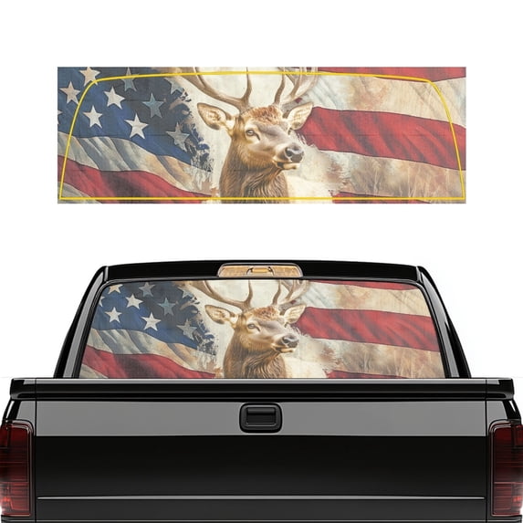 FUIALDOLG Truck Back Window Decal 66.9" x 22.4" with American Flag Deer, Waterproof Vinyl Wrap for Most Pickup Trucks, Ideal for Car Lovers