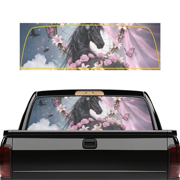 FUIALDOLG Truck Rear Window Decal UV Blocking Privacy Perforated Back Windshield Sun Shade Waterproof Film for SUV Pickup , Cherry Blossom Black Horse