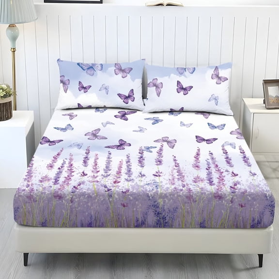 FUIALDOLG Twin Size Bed Sheets Set 3-Piece Breathable Stretch Fitted Bottom Bedsheet Wrinkle Free Butterfly Lavender Print Sheet & Pillowcase Set for Bedroom Decor