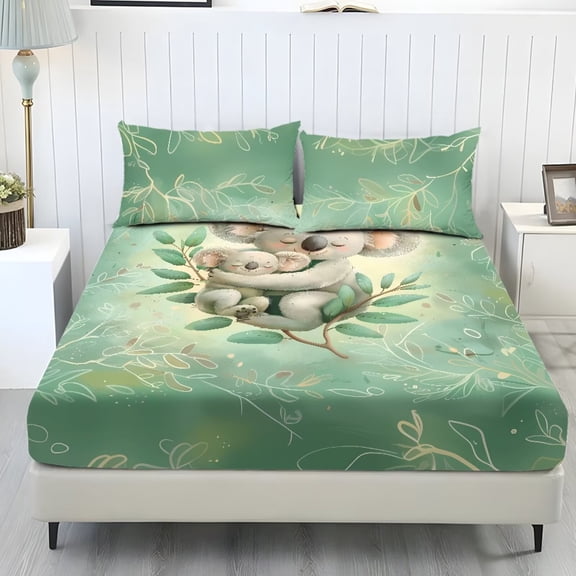 FUIALDOLG Twin Size Sheets Set Non Slip Koala Green Leaf Print Bedding Set with 1 Fitted Sheet and 2 Pillowcases Elastic Wrinkle Resistant Easy Fit Bed Sheets for Bedroom