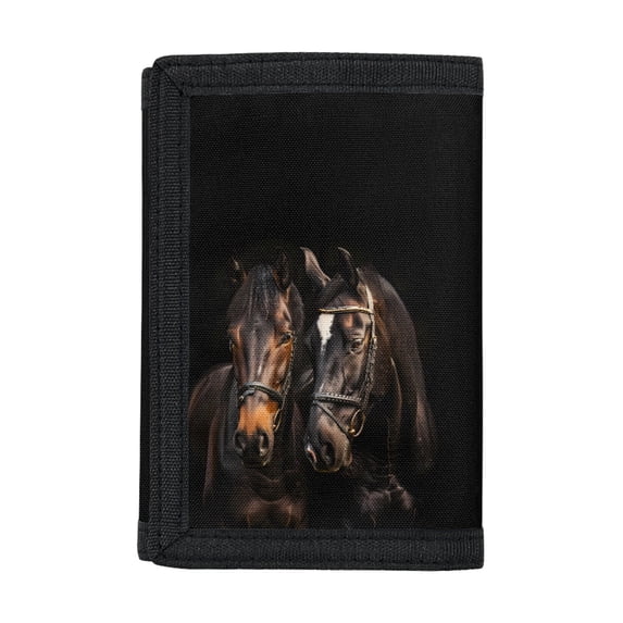 FUIALDOLG Two Dark Horses Decoration Kids Trifold Wallet for Outdoor Sports, Polyester Fabric Toddler Wallet with Compact Wear-Resistant Coin Pockets