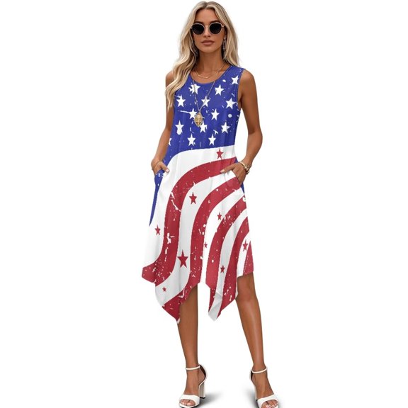 FUIALDOLG US Flag Stars Stripes Dresses Women's Summer Sleeveless Tank Dresses with Pockets Tiered Ruffle A-Line Sun Dress Holiday Party Maxi Long Dresses Independence Day Costume,L