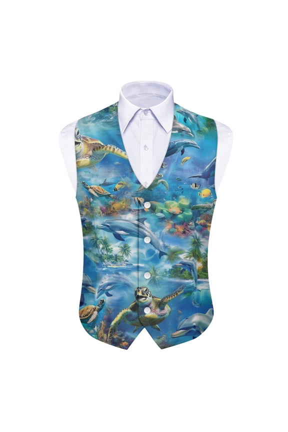 Underwater Sea Turtle Dolphin Formal Waistcoat Slim Fit Men's Suit Vest Button Down Tuxedo Vest Soft Wedding Business Waistcoat Jacket