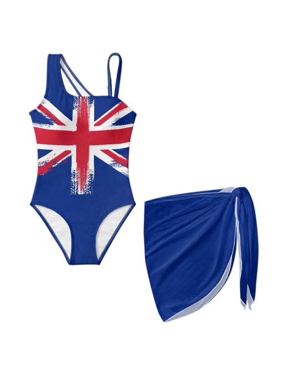 Union Jack Flag Print Swimsuit for Girl UK Flag One Pieces Bathing Suit with Mesh Tie Cover Up Skirt ,Adjustable Straps Girls Swimwears for Pool Party,Summer Teen Girl Bikini Coverups