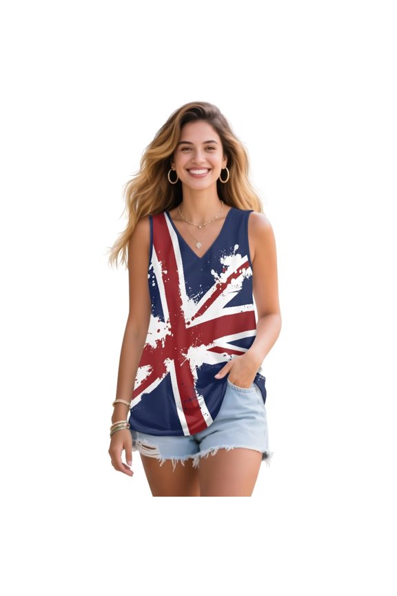 Union Jack Flag Tshirts Plus Size Womens Flower Tank Tops Comfort Tunic Shirt Loose Fit Athletic Golf Shirts Summer Outfits,2XL