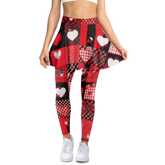 FUIALDOLG Valentines Day Skirted Leggings for Women Red Love Hearts Tennis Skirt with Legging Golf Skirted High Waist Tummy Control Tight Athletic Pants for Yoga,Running,Dating,Size XS