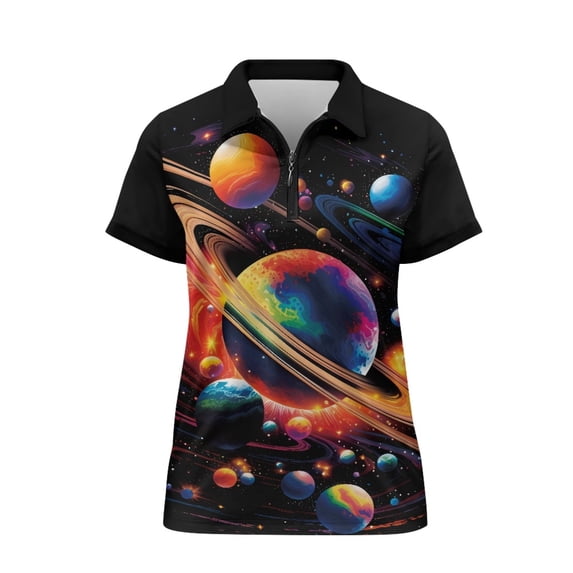FUIALDOLG Vibrant Outer Space & Planet Pattern Women Short Sleeve Golf Shirts for Tennis Outdoor, Quick Dry Polyester Polo Shirts Soft Moisture Wicking Golf Short Sleeve Shirt