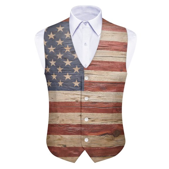 FUIALDOLG Vintage American Flag Vest for Mens 4th of July Waistcoats Formal Dress Sleeveless V Neck Suit Tuxedo Vests with Back Strap