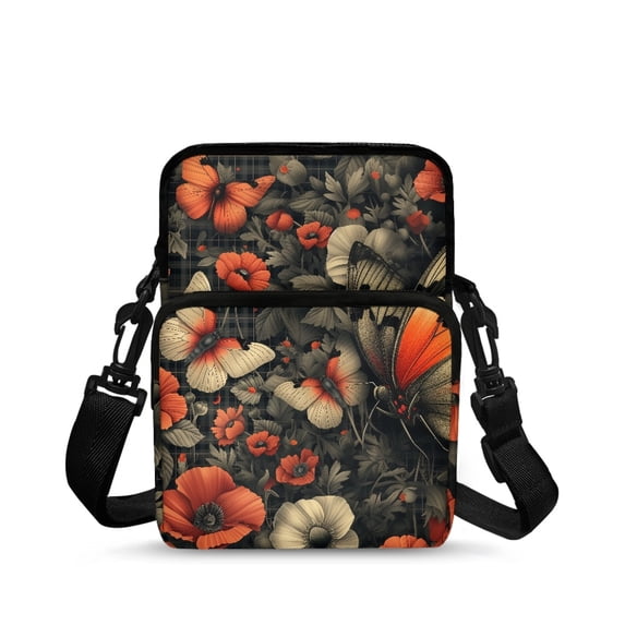 FUIALDOLG Vintage Butterfly Floral Crossbody Shoulder Bag, Polyester Adjustable Crossbody Cell Phone Purse for Unisex