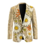 FUIALDOLG Vintage Daisy Print One Button Blazer for Men 70s 80s Boho Suit Jackets Lightweight Sports Coats Casual Wedding Business Jacket with 2 Pockets
