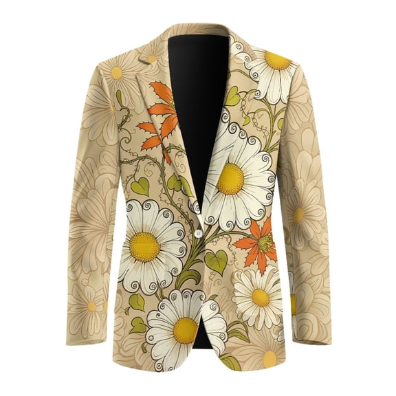 FUIALDOLG Vintage Daisy Print One Button Blazer for Men 70s 80s Boho Suit Jackets Lightweight Sports Coats Casual Wedding Business Jacket with 2 Pockets