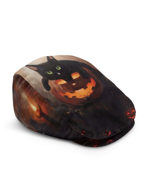 Vintage Flat Cap for Street Driving, Black Cat Pumpkin Pattern Polyester Light Newsboy Hat Retro