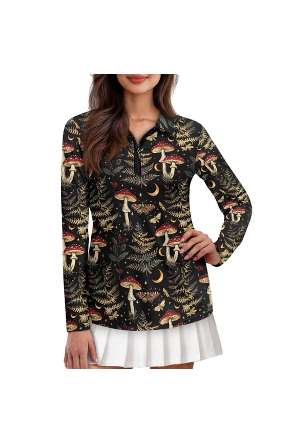 Vintage Hummingbird Floral Womens Golf Shirt Long Sleeve 1/4 Zip Up Polo Workout Tops UPF50+ Sun Protection Regular-Fit Fast Dry Fit Moisture Wicking Athletic Tee,XS
