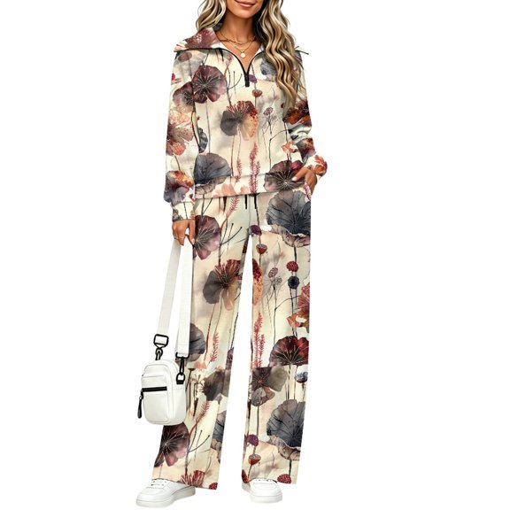FUIALDOLG Vintage Lotus Leaf Decoration Sweatsuits, Matching Athleisure Sets with Comfy Half Zip Lounge Sets for Fall Vacation