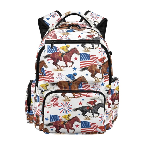 FUIALDOLG Waterproof Backpack for School Elementary School, Polyester Multi Pocket Bookbag, Horse Racing American Flag Pattern