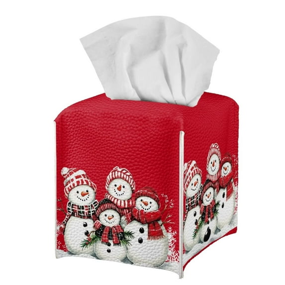FUIALDOLG Waterproof Tissue Box Cover, PU Leather Square Car Tissue Holder with Cartoon Snowmen Pattern - Decorative Organizer for Bathroom Vanity Countertop, Night Stands, Office Desk & Car
