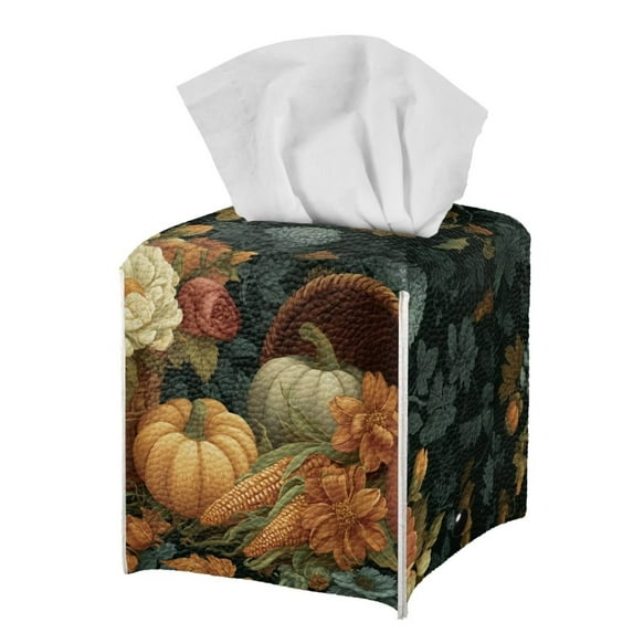 FUIALDOLG Waterproof Tissue Box Cover, Square PU Leather Car Tissue Holder, Thanksgiving Decorative Facial Paper Organizer Dispenser for Bathroom, Night Stands, Desk, 5.1X5.1X5.5'' -Pumpkin Corn