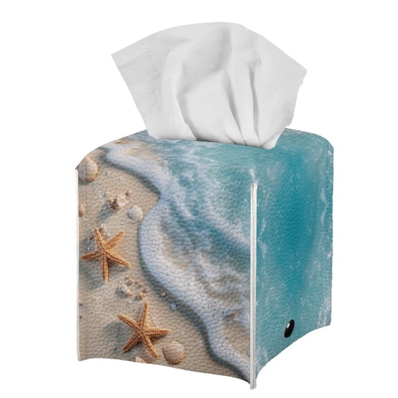 FUIALDOLG Waterproof Tissue Box Holder, Square PU Leather Tissue Box Cover, Starfish Ocean Decorative Facial Paper Organizer Dispenser for Bathroom, Night Stands, Desk, 5.1X5.1X5.5''