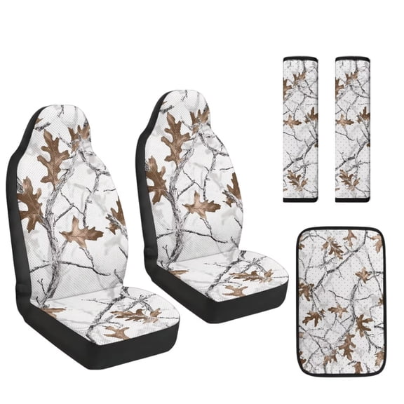 FUIALDOLG White Hunting Camo Car Accessories Full Set with Camouflage Seatbelt Pad Automotive Center Console Armrest Pads for Women Men,Leather Auto Front Seat Covers Breathable Comfort Seats Cushion
