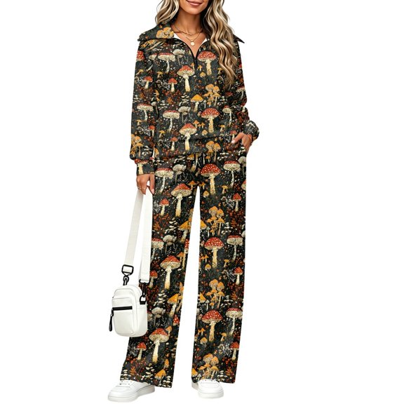 FUIALDOLG Wild Mushroom Pattern Tracksuits, Sweatsuit Oversized Sweatsuits Quarter Zip Soft Cozy Touch Track Suits for Vacation Fall