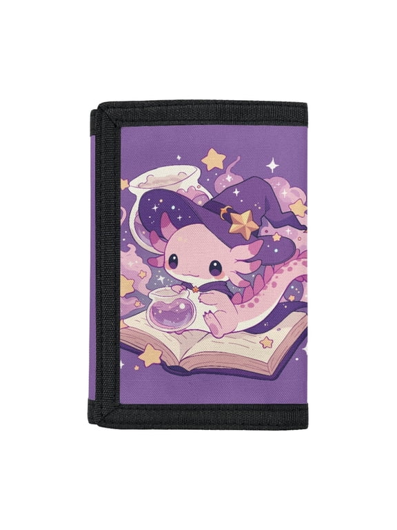 Wizard Axolotl Youth Wallet for Sports, Polyester Trifold Money Organizer with Magic Sticker, Wear-Resistant Children Wallets for Outdoor Use