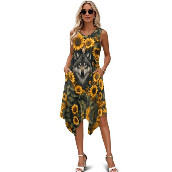 FUIALDOLG Wolf Animal Pattern Dress for Women Lady Summer Crew Neck Sleeveless Dress Irregular Hem Pleated Swing A Line Sundress for Holiday,L
