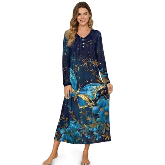 FUIALDOLG Women Luxury Blue Butterfly Print Long Sleeve Nightgowns V Neck Long Nightshirts Winter Warm Full Length Sleepwear Loungewear, 4XL