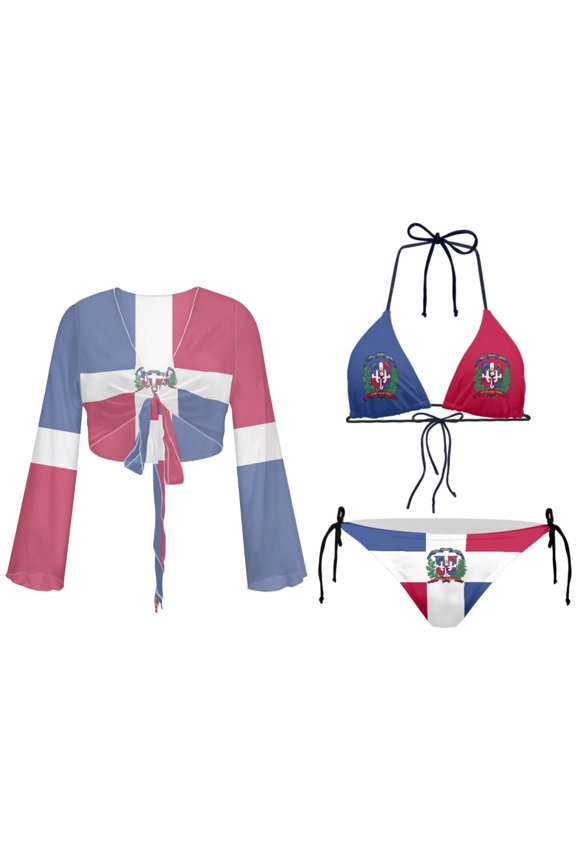 Women's 3 Piece Swimsuits Dominican Republic Flag Swimwear and Tie Cover Up High Cut Backless Lace Up Swimsuit Size S-2XL