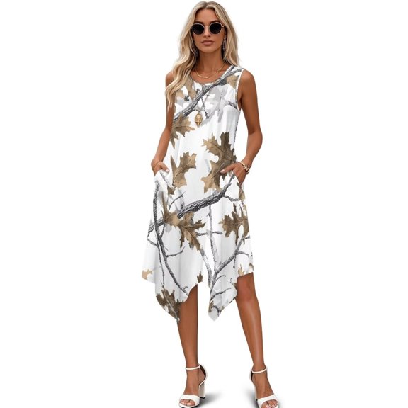 FUIALDOLG Women's Camouflage Dress White Hunting Camo Dress Casual Round Neck Ruffle Hem Midi Dress Summer Sleeveless Sundress Beach Party Skirts,5XL
