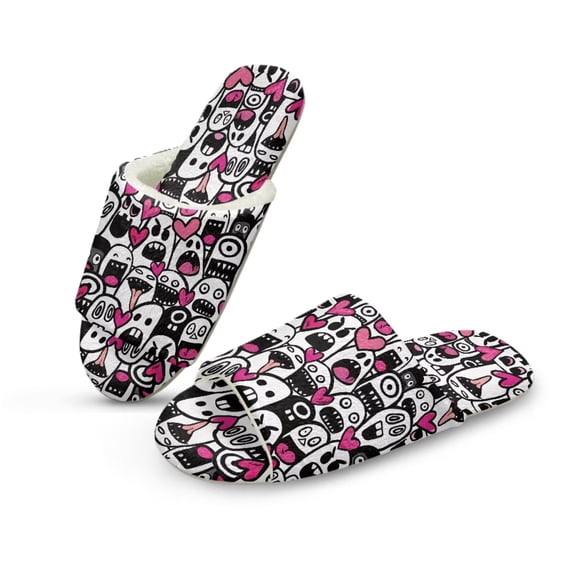 FUIALDOLG Women's Cartoon Monster Print Memory Foam Open Toe Slippers for Women Soft Indoor Slippers Bedroom Shoes, Size 6-7