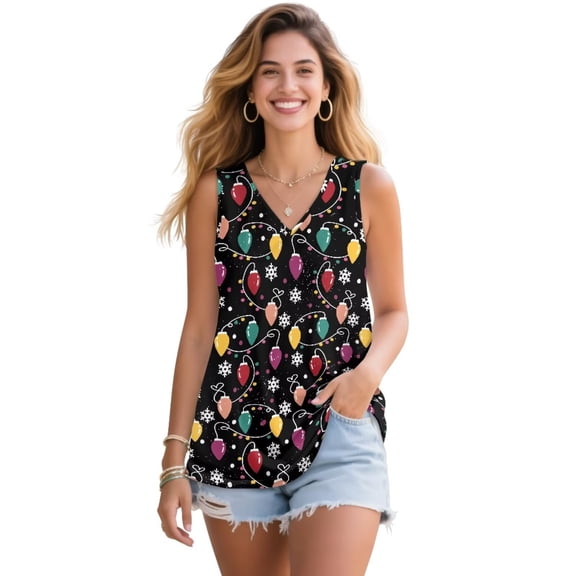 FUIALDOLG Women's Christmas Colorful Lights Shirts Merry Christmas Tank Tops Lady Sleeveless V Neck Tshirt Flowy Tunic Tops Loose Fit Athletic Tee Dressy Xmas T-shirt Party Outfits,S