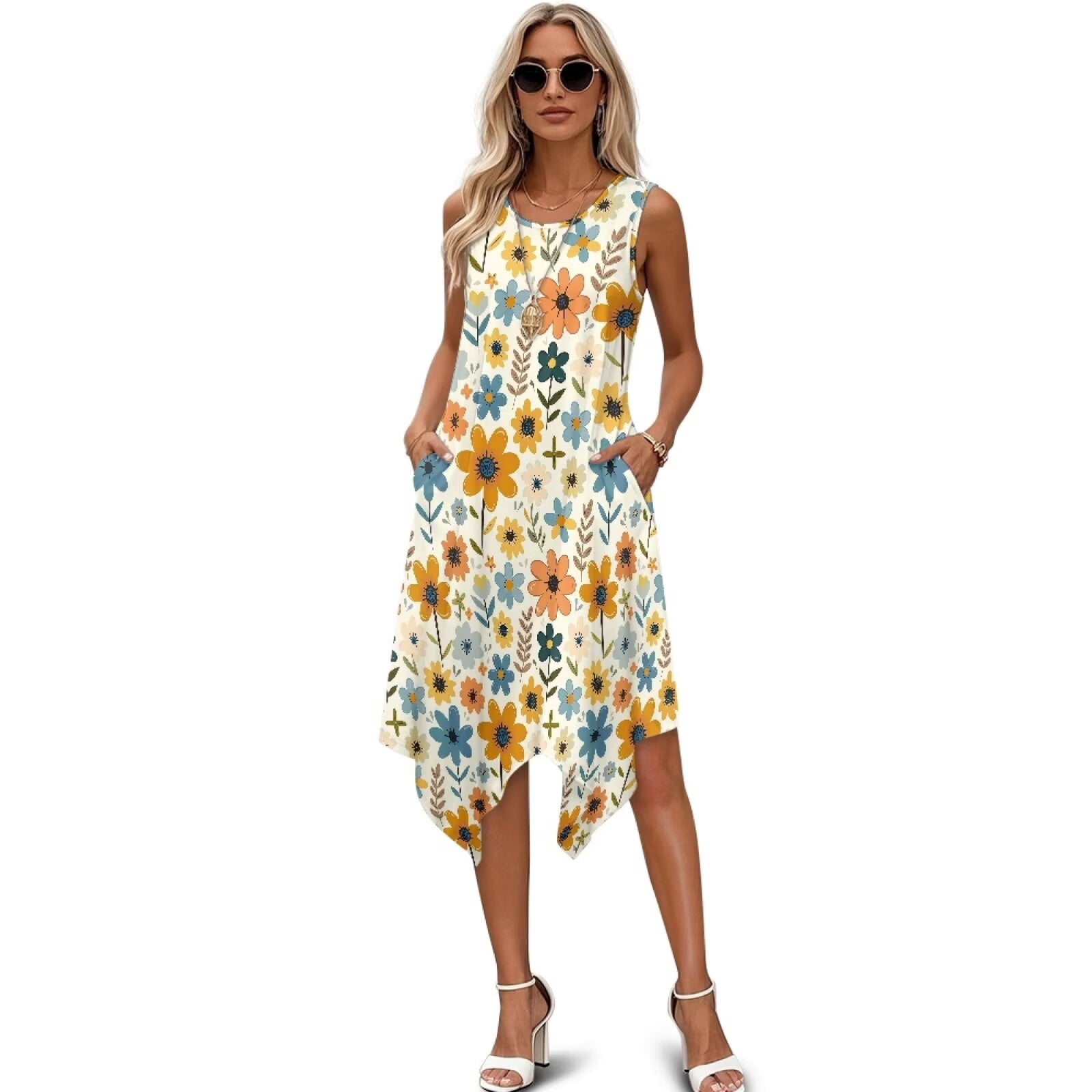 FUIALDOLG Women's Colorful Cute Groovy Flowers Dress Womens Casual Round  Neck Sleeveless Sundress Aesthetic Clothes Irregular Hem Swing Flowy Dresses  for Wedding Guest,Casual,Cocktail Party,4XL - Walmart.com