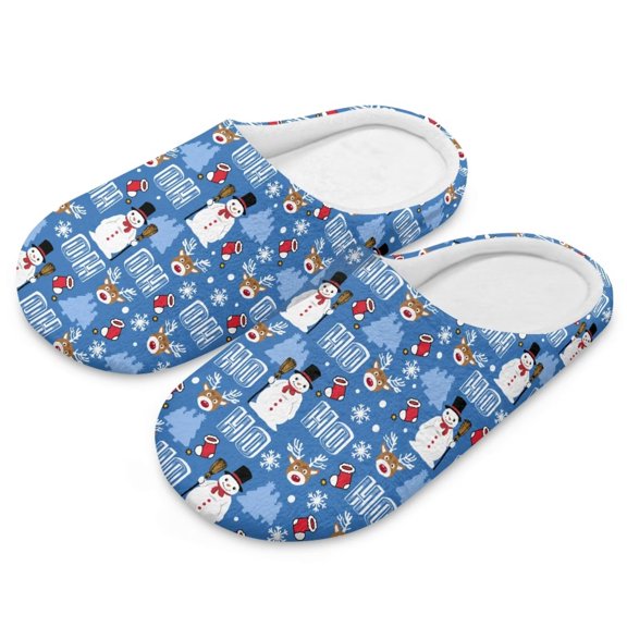 FUIALDOLG Women's Indoor Slippers Closed Toe Blue Christmas Print Fuzzy House Slippers for Woman Winter Warm Shoes for Ladies Bedroom Shoes, Size 6-7