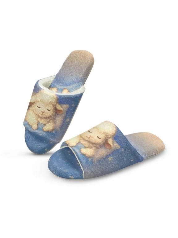 Women's Indoor Slippers Cute Sheep Print Fuzzy House Slippers for Women Open Toe Slide for Ladies Bedroom Shoes, Size 12-13