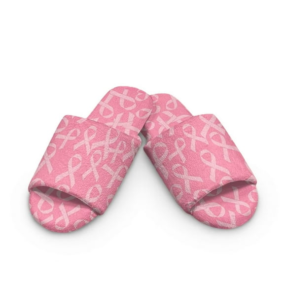 FUIALDOLG Women's Indoor Slippers Open Toe Pink Breast Cancer Print Fuzzy House Slippers for Women Winter Slide for Ladies Bedroom Shoes 10.5-11.5