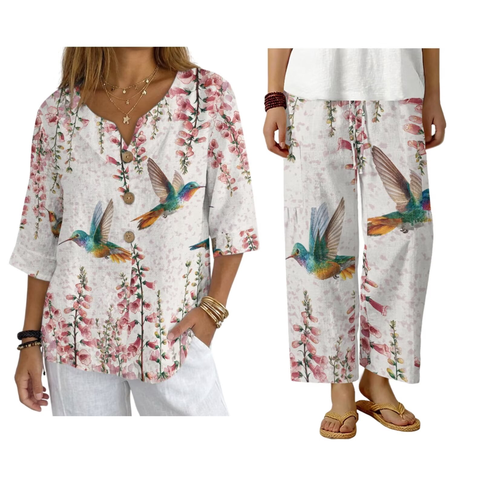FUIALDOLG Women’s Linen 2 Piece Outfits Hummingbird Linen Shirts and ...