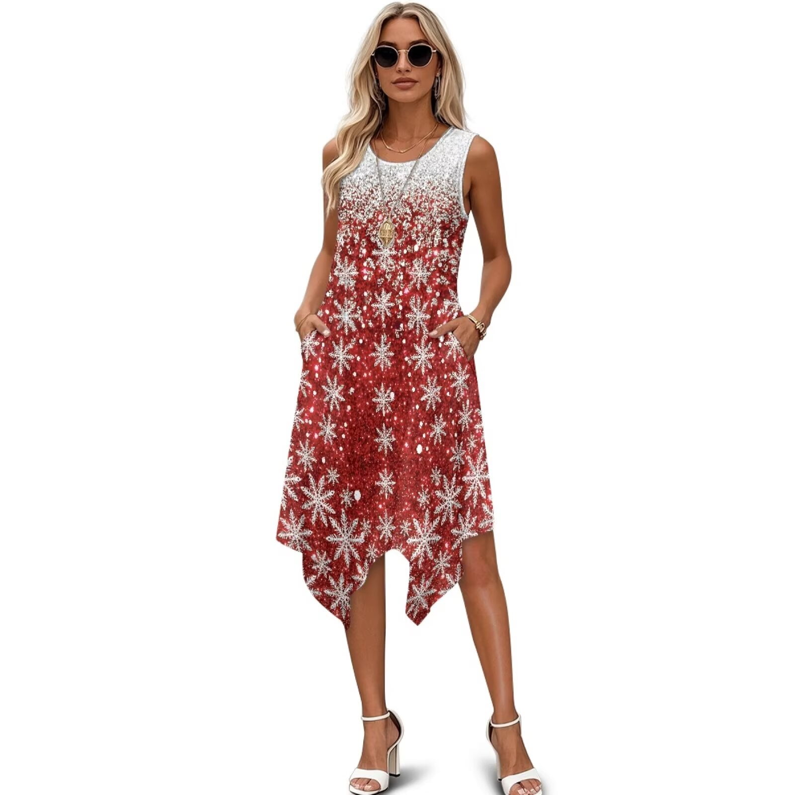 FUIALDOLG Women's Merry Christmas Snowflake Sun Dress Womens Ruffle A-line  Flowy Midi Dress Lady Round Neck Sleeveless Sundress Beach Long Dresses ...